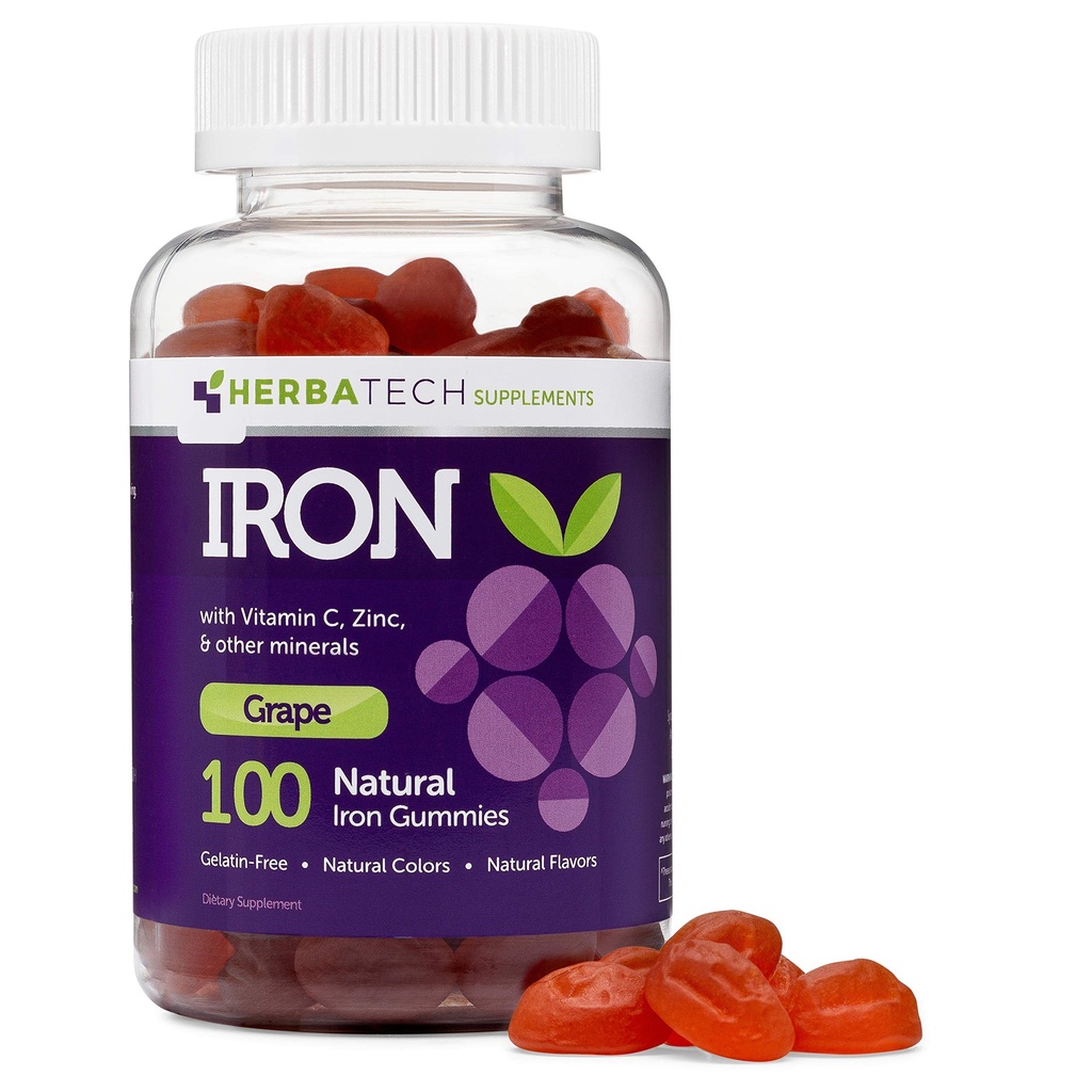 Rauta Gummies aikuisille ja lapsille, Pureskeltava monivitamiini täydentää rautaa, C-vitamiinia, A, B, Sinkkiä, Foolihappoa, ja Biotin (Grape Flavored) Vegan Safe, valmistettu Yhdysvalloissa HERBATECH
