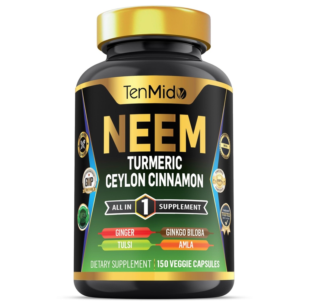 Neem Leaf Supplement - 8in1 Formel - Kombinera med gurkmeja, Ceylon Cinnamon, Ginger, Tulsi, Ginkgo Biloba, Amla och Black Pepper - Immune Health Support - 150 Vegan Capsules