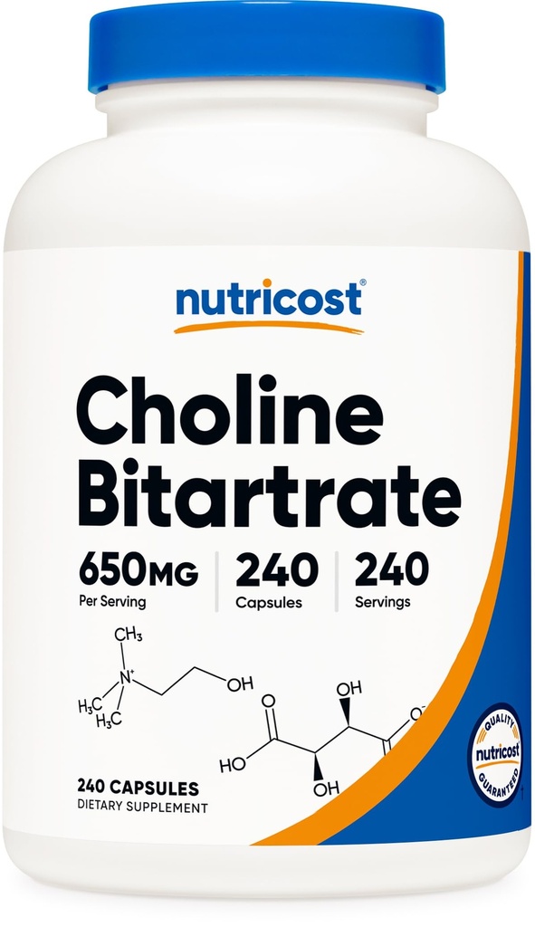 Nutricost Choline Bitartraatti 650mg, 240 Kasvissyöjän kapselit - Ei-GMO, Kasvissyöjä Ystävällinen, Gluteeniton