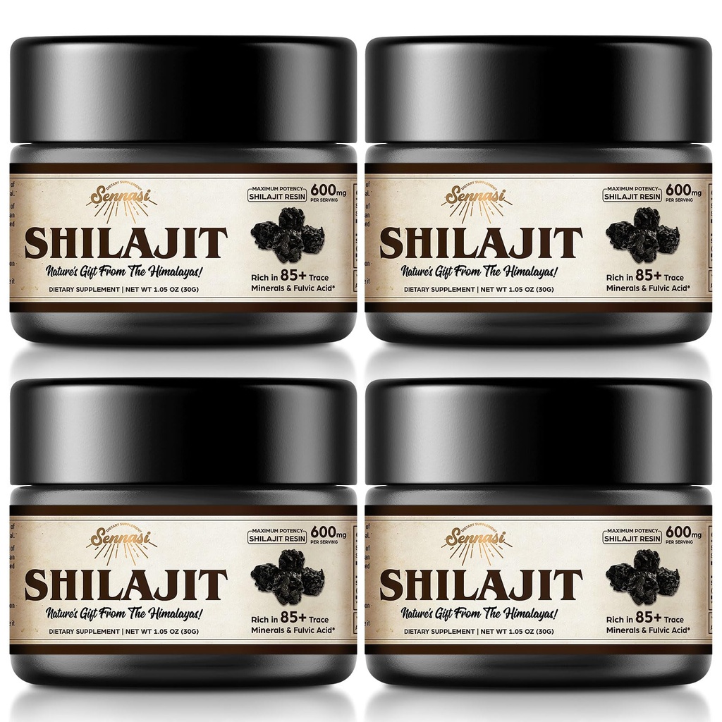 Shilajit Pure Himalayan Organic Shilajit Hartsi - 600 mg Maksimaalinen Potenssi Natural Organic Shilajit Hartsi 85+ Trace Minerals & Fulvic Acid for Energy, Immunosupport, 30 Grams (4 Pack)