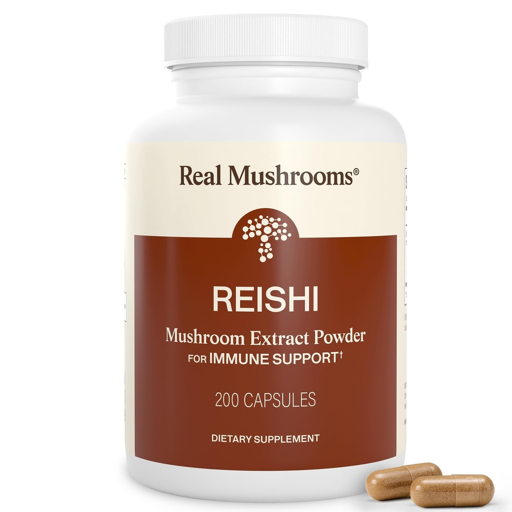Real Mushrooms Reishi Mushroom Capsules - Handpicked Organic Mushroom Extracts - Red Reishi för Tranquil Daily Wellness med Verified Beta Glucans Vegan, Non-GMO, No Grain Fillers, 200 ct