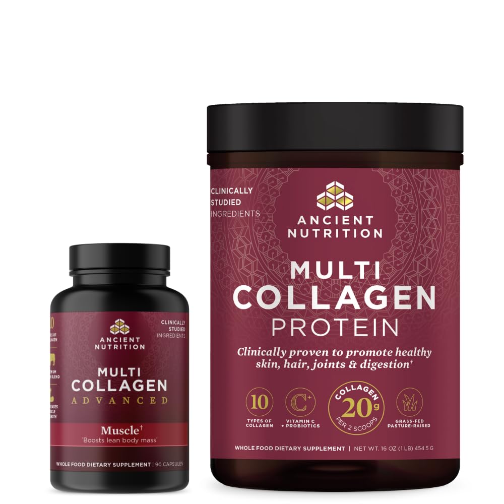Ancient Nutrition Multi Collagen Advanced Capsules, Lihas, 90 kreivi + Multi Collagen Protein Powder, makuamaton, 45 tarjoilua