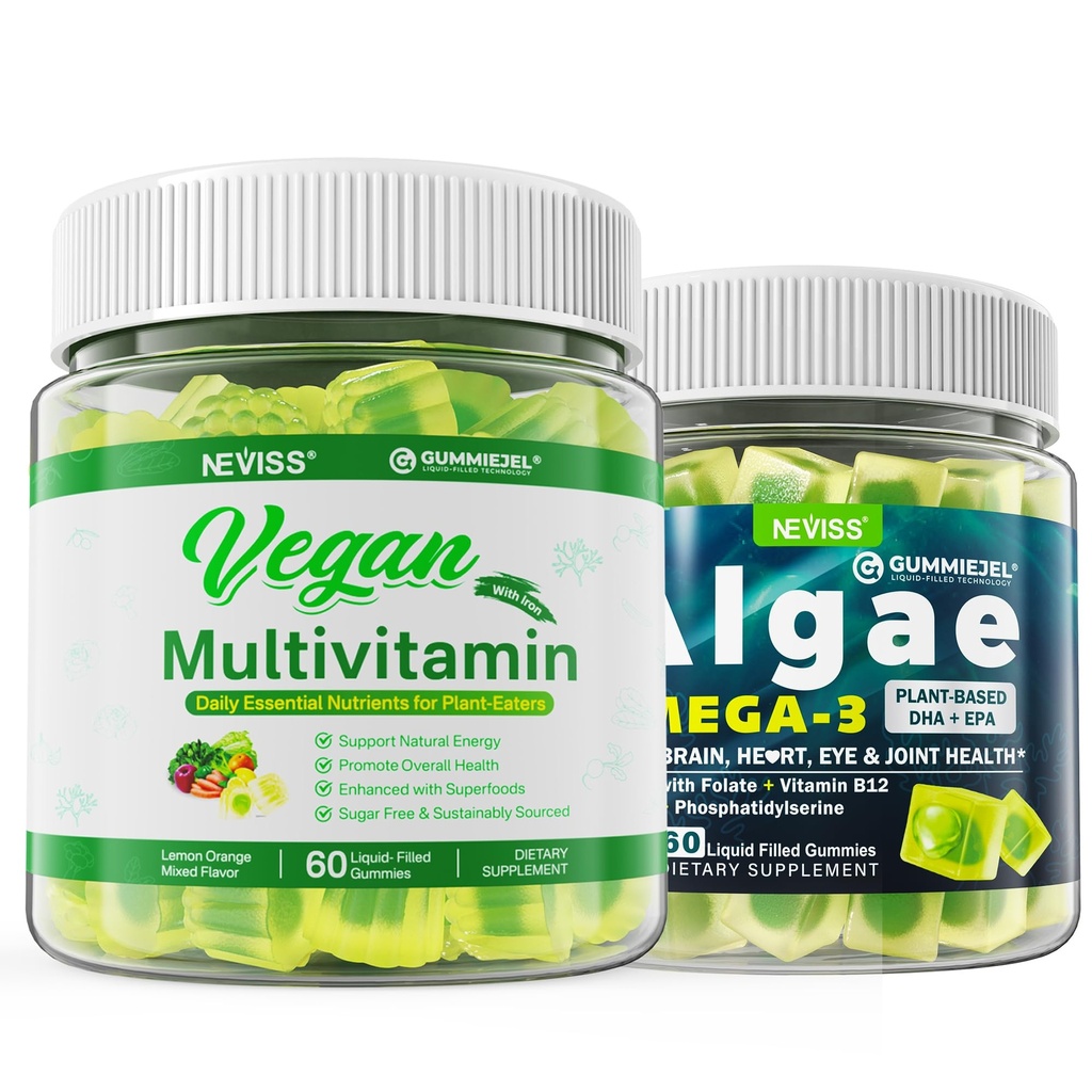 Vegan Omega 3 Gummies 1000mg vegaaninen monivitamiini naisille miesten kanssa rautaa, B12, A, D3, K2, Algae Omega 3, magnesium, sinkki