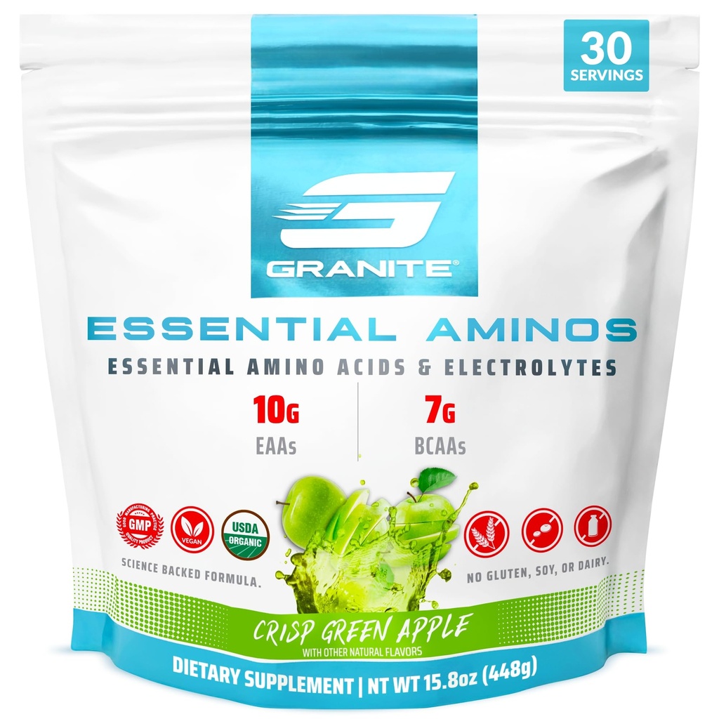 Granit Essential Amino Acids Powder, Green Apple Flavor, med 10g EAAs och 7g BCAAs, stöder Muscle Recovery & Growth, Soy-Free, Gluten-Free (30 portioner)