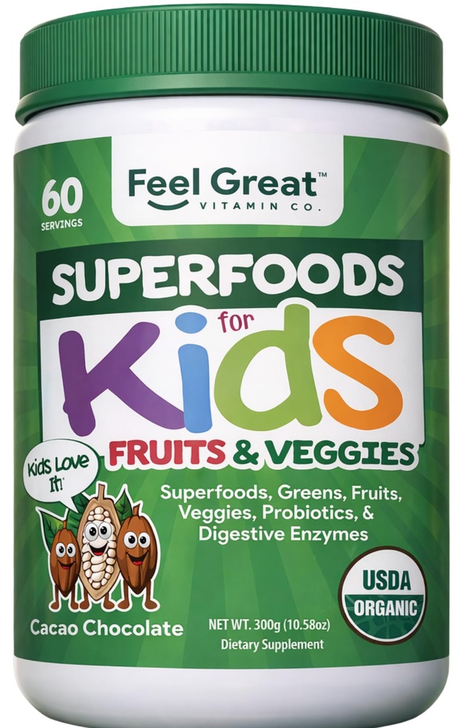 Känn Great USDA Organic Super Greens Powder för barn - Cocao Chocolate | Fruit & Veggie Supplement | Superfood Powder med probiotika & Digestive Enzymer för Digestive Health | 60 dagar Supply