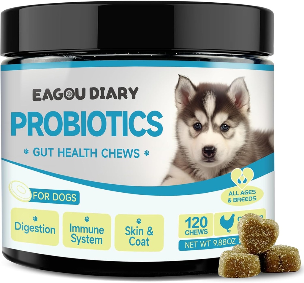 Eagou Diary Probiootit koirille - Dog Probiootit Ruoansulatus, Gut Health Lisäravinteet prebiootit, Goat Milk, Omega 3, Vitamiinit, Chews koiran ripuli, vatsa, Gas Relief - 120 t