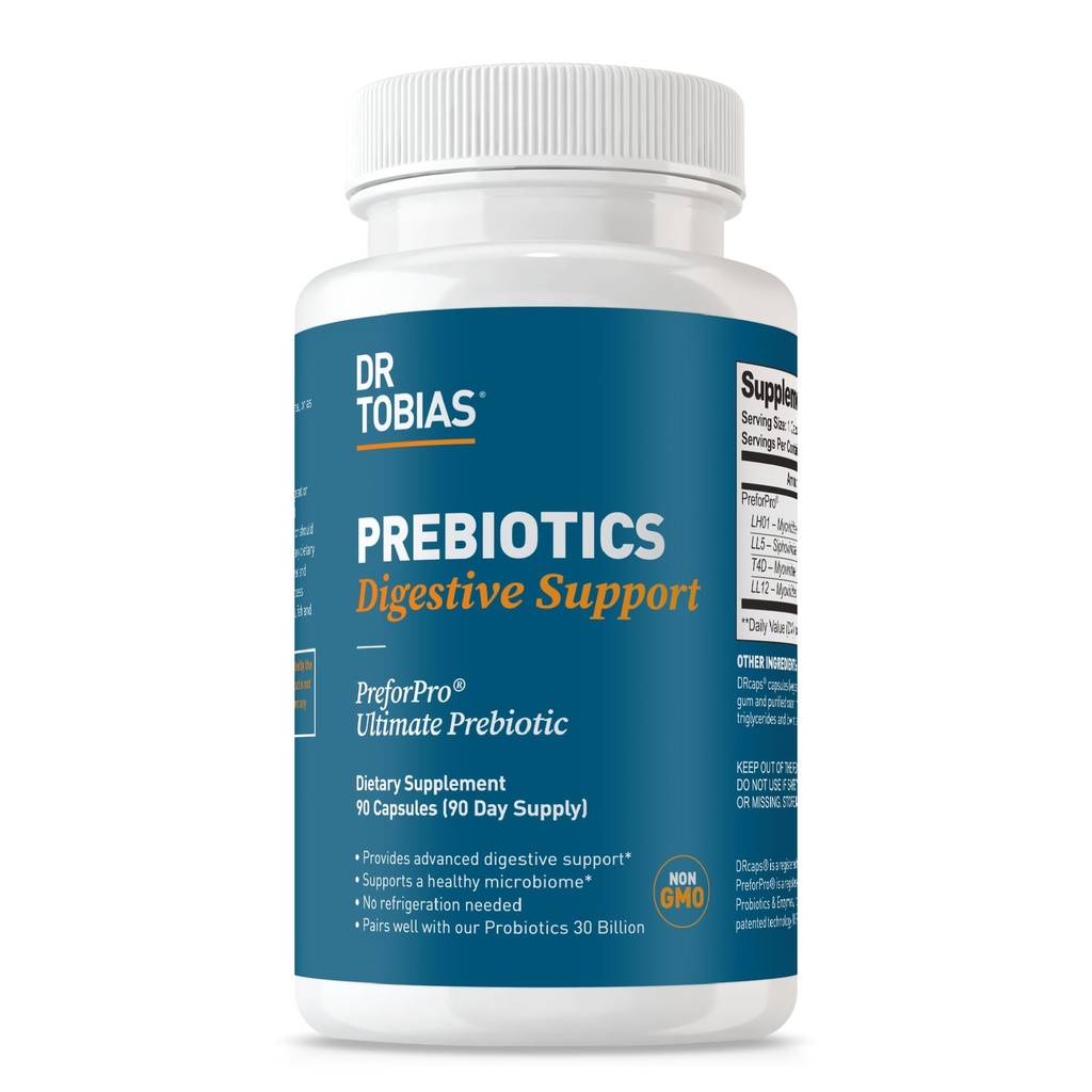 Tobias Prebiootit Ruoansulatuselimistön tuki, Advanced Prebiotic Suolet Health, Immunomy Function & Boost for Probiotics for Women & Men, Vegan, non-GMO, 90 kapselia, 90 palvelinta