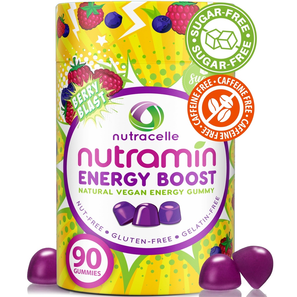 NUTRAMIN Energy Boost Vitamiini Gummy - Skip Kahvi ja lisätä energiaa, Kofeiiniton, Sokeriton, Vegaani, B12, Vihreä tee, Ashwagandha, Garcinia Cambogia, Vadelma Adaptogeeni - 90 n
