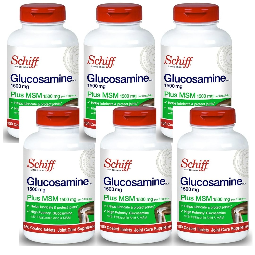 Schiff Glukosamiini 1500 mg Plus MSM ja hyaluronihappo, 150 tablettia - Joint Supplement (Pack of 6)