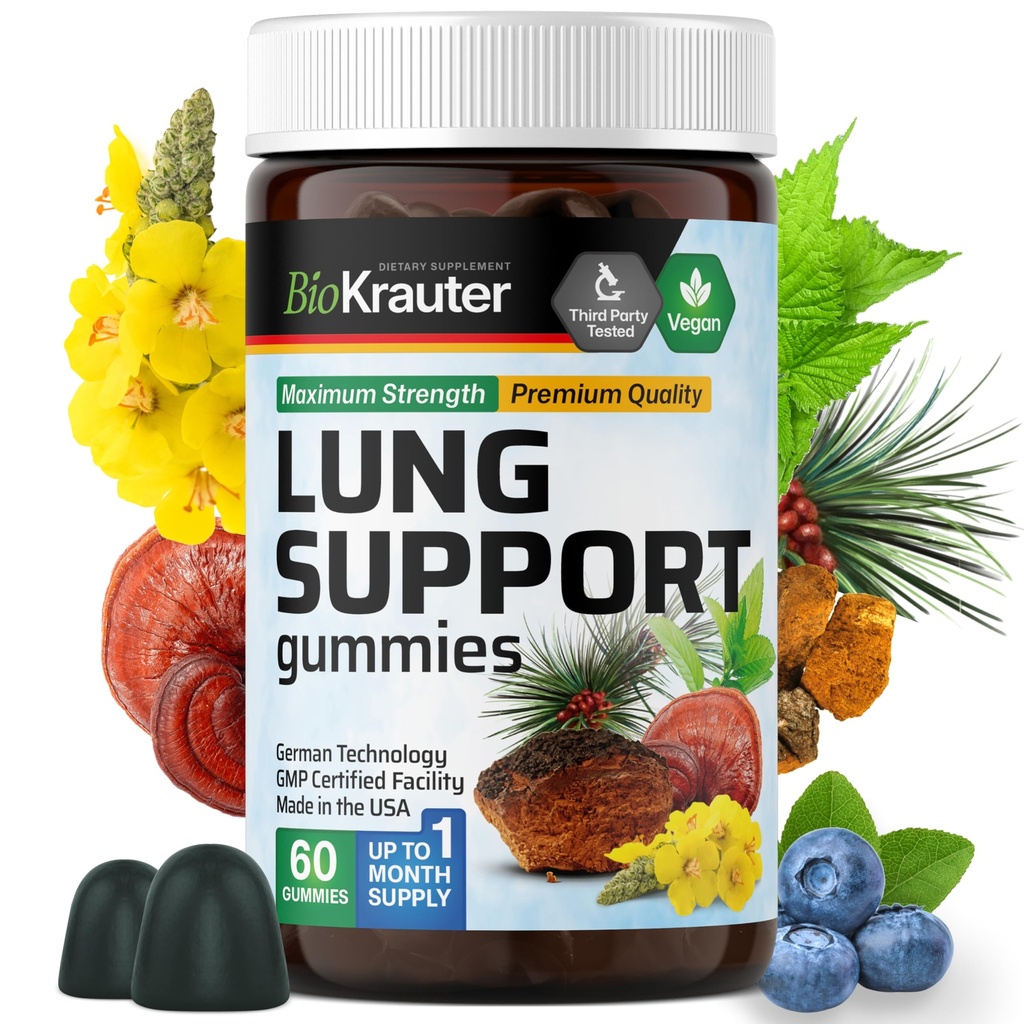 BIO KRAUTER Lung Detox Gummies - 60 Vegan Chews - Lung Cleanse Supplement w / Vitamin C & Mullein Leaf Blend - Andningsstöd
