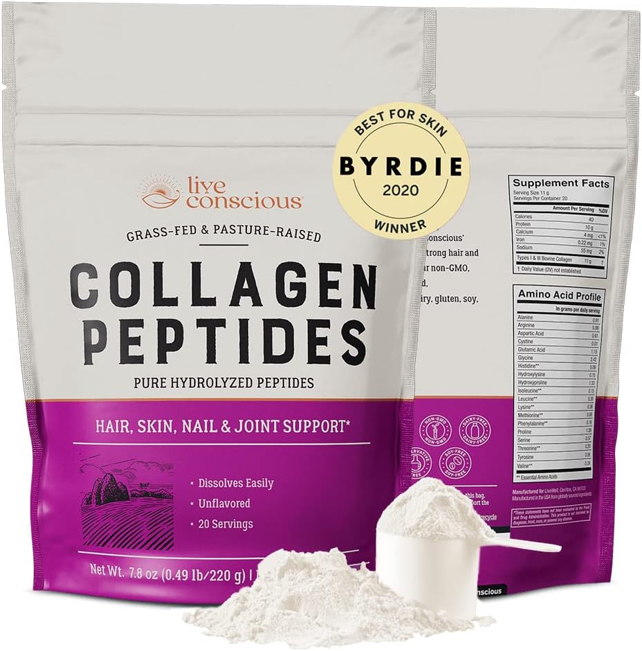 Live Conscious Collagen Powder Hydrolysed Collagen Peptides Tyyppi I & III - Keto & Paleo Friendly - Ei maukasta - 20 Tarjoilua, 7.8 oz