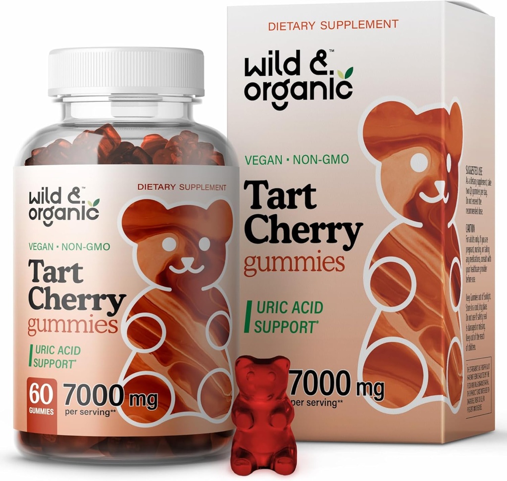 Wild & Organic Tart Cherry Gummies 7000 mg - Tart Cherry Extract täydennysosa Uric Level Support - 60 Vegan, ei-GMO