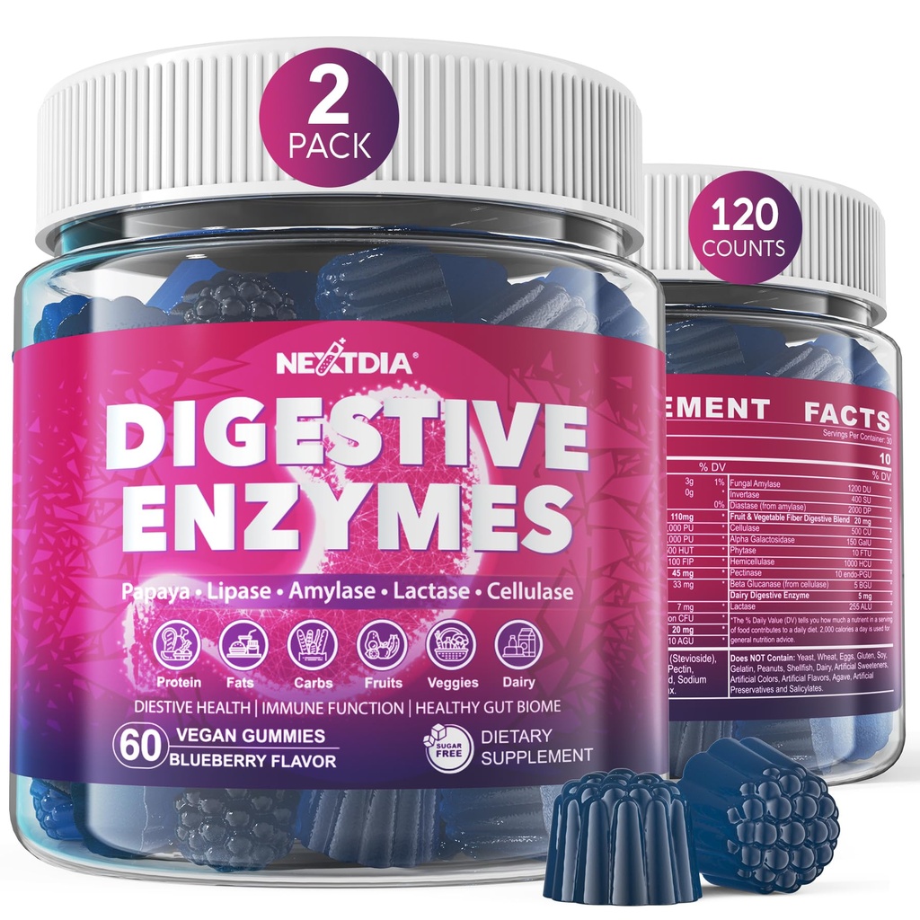 Naisten ja miesten digestiivinen entsyymit Gummies w/ Probiootit, Papaya, bromelaiini, inkivääri - Bloating Relief & Gut Health Chewable Supplement Digest Proteins Dairy Carbs Kasvisrasvat, sokeriton vegaani, 120Ct