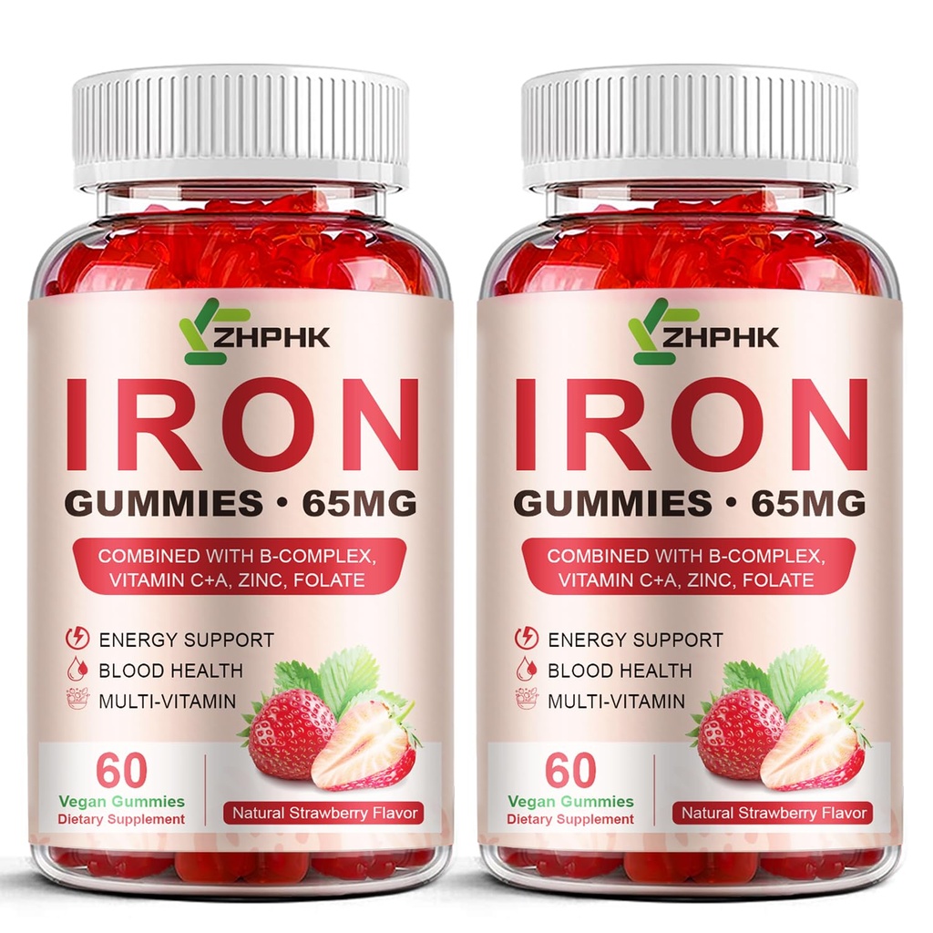 Järntillskott Gummies för kvinnor, män och barn, 65mg Iron & 250mg Vitamin C per portion - Hälsosamt blod, energi och immunstöd Järn Vitamin Gummy med folat, 2 Pack