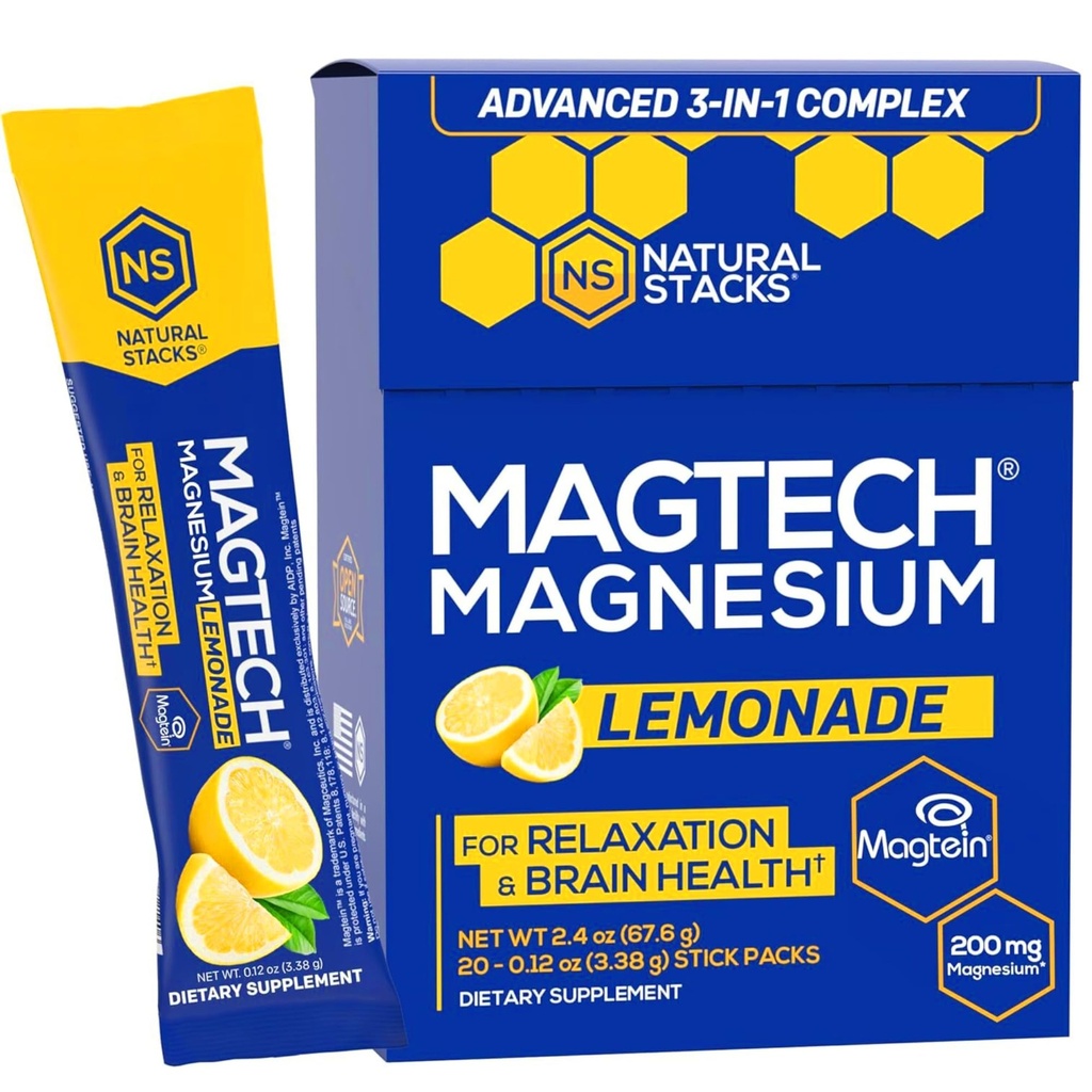 MagTech Magnesium Drink Mix - Sokeritonta sitruunaa - 3 eri magnesiumia: Magtein L-treonaatti, Glycinate & Taurate - 200 mg kelated Magnesium Complex - Tukee rentoutumista ja aivojen terveyttä - 20 tarjoilua
