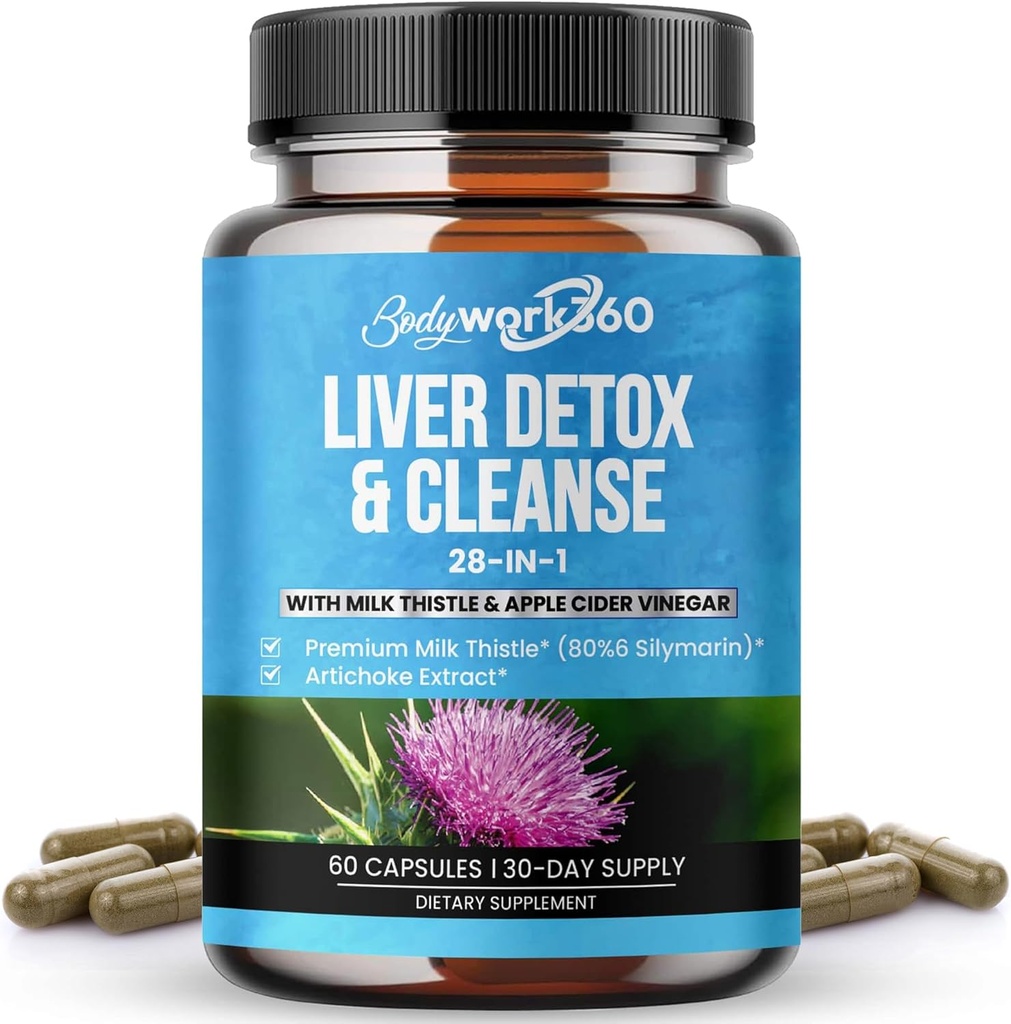 Maksa Detox & Cleanse - 28-in-1 Maksan korjaus & tuki täydentää miesten & naisten maito Thistle, Apple Sider viinietikka, Voikukka juuriuute & Artisokkauute - ei-GMO, 60 kapselia