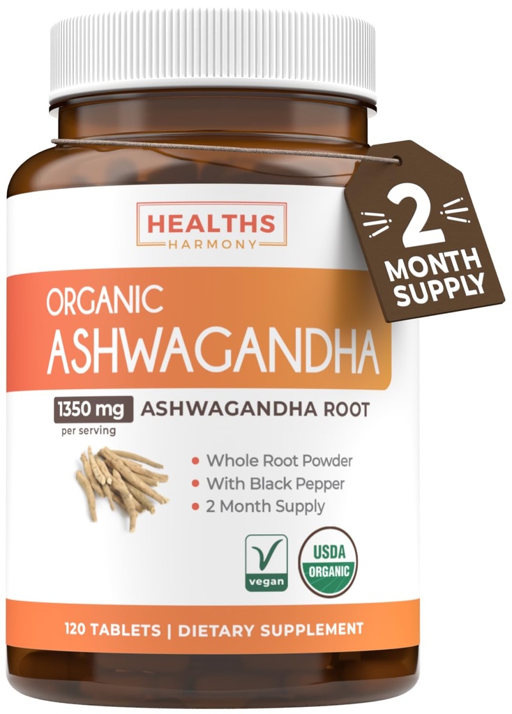 USDA Organic Ashwagandha Supplement - High Potency Ashwagandha Pills Made With Organic Black Pepper for Enhanced Absorption - Vegan Non-GMO Made in USA & Lab Verified (2 Månader Leverans)