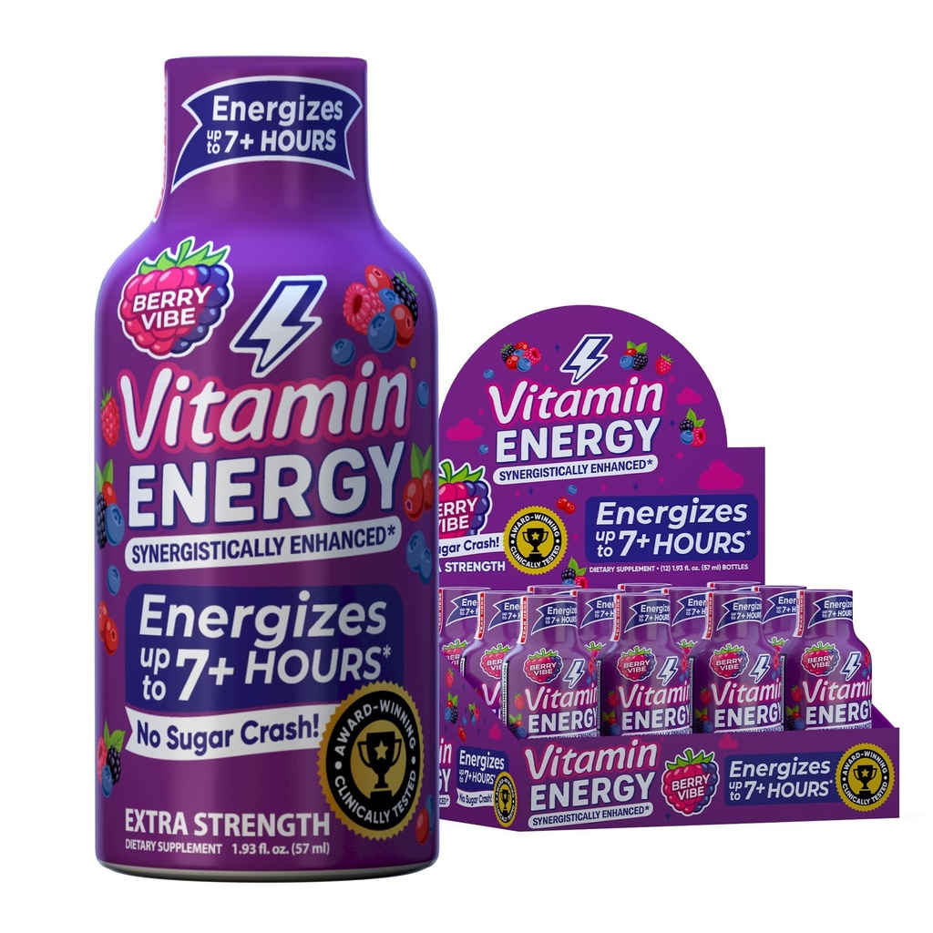 B12 11 000% Extra Strength Energy Shot Pink Berry 12 Pack, 260 mg Natural Comfeine, B12 & B6, Nootropic Focus, Vitality, Zero Sugar, Gluteeniton, Vegaani, Kosher, 1,93 fl oz