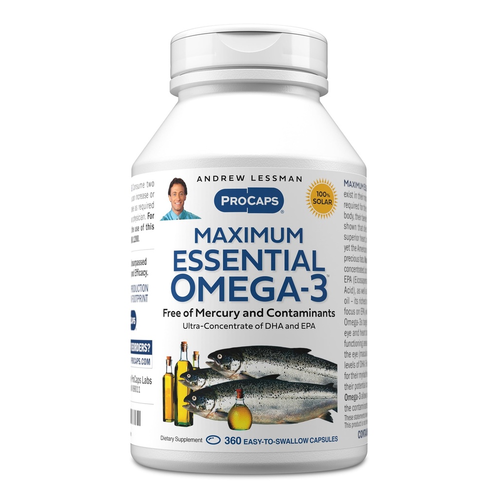 ANDREW LESSMAN Maximum Essential Omega-3 Unmariored, 360 Softgels - Ultra-Pure Omega-3 Fish Oil 1200 mg-High DHA, Ei Mercury täydennysosa-pieni, helppo niellä kalaöljy kapselit