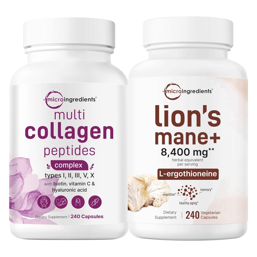 Micro Ingredients Multi Collagen Complex for Women & Lions Mane Supplement 240 Kasvis Kapselit Bundle 2 Pack 
