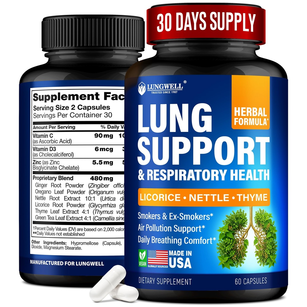 Lopeta tupakointi Apua Lung Cleanse & Health - Valmistettu Yhdysvalloissa - Lung Detox kanssa Licorice Root, Inkivääri & Nokkonen juuri, vihreä tee, Thyme & Oregano Lehdet Lung selkeä tuki & Stressi Relief - 60 kapselia
