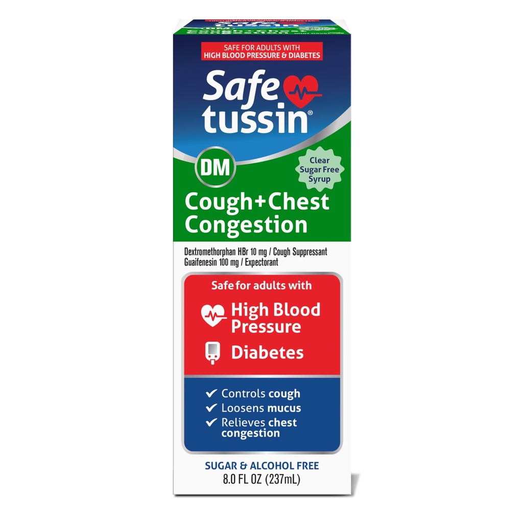 Safetussin DM Yskä - ja rintakipu, 8 oz, odotettavissa oleva limahoito, yskänlievityssyrup, turvallinen aikuisille, joilla on korkea verenpaine ja diabetes