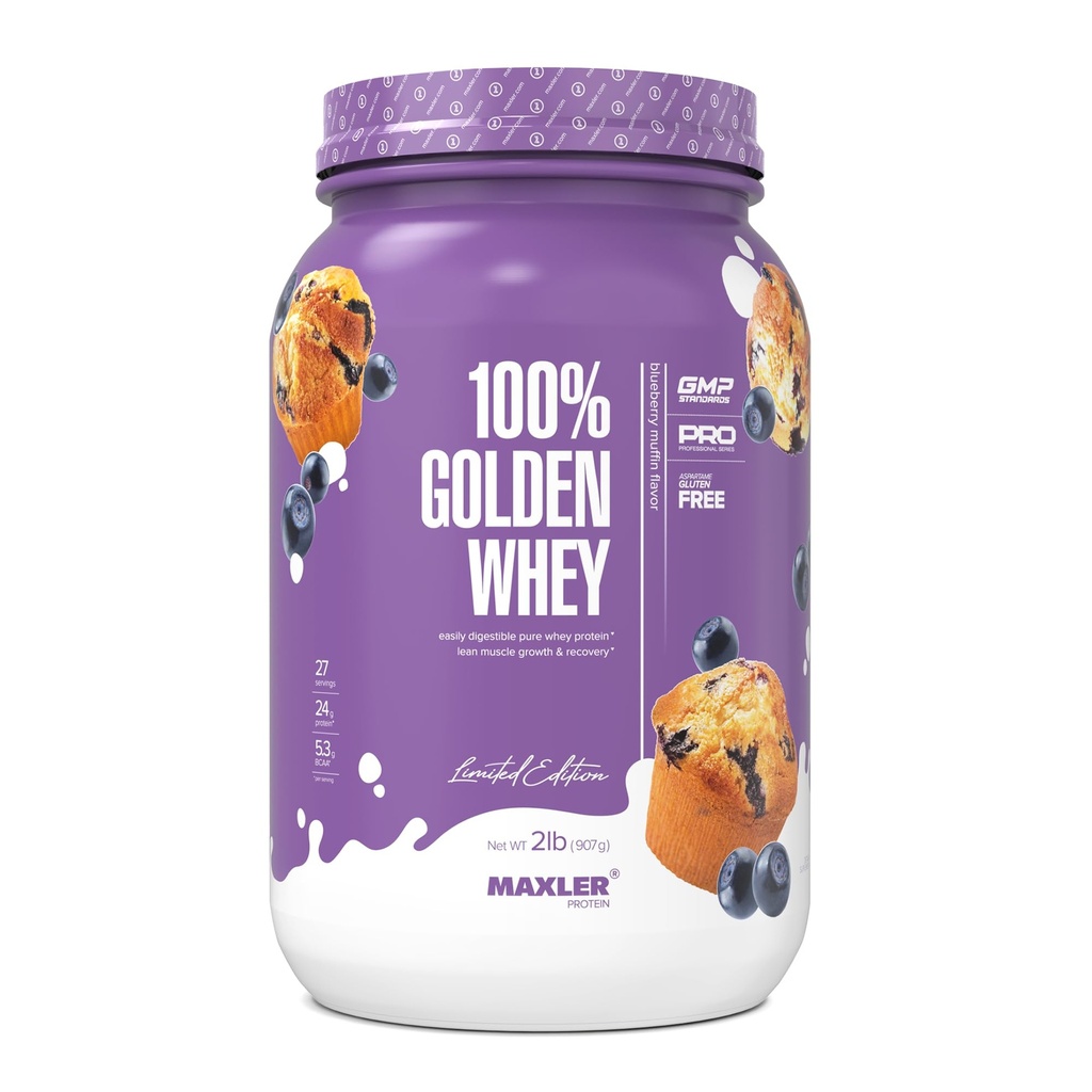 Maxler 100% Golden Whey Protein - 24g proteiinia per tarjoilu - Premium Whey Protein Powder for Pre Post Treout - Fast- Absorbing Whey Concentrate, Isolate & Hydrolysate Blend - Mustikka Muffin 2 lb