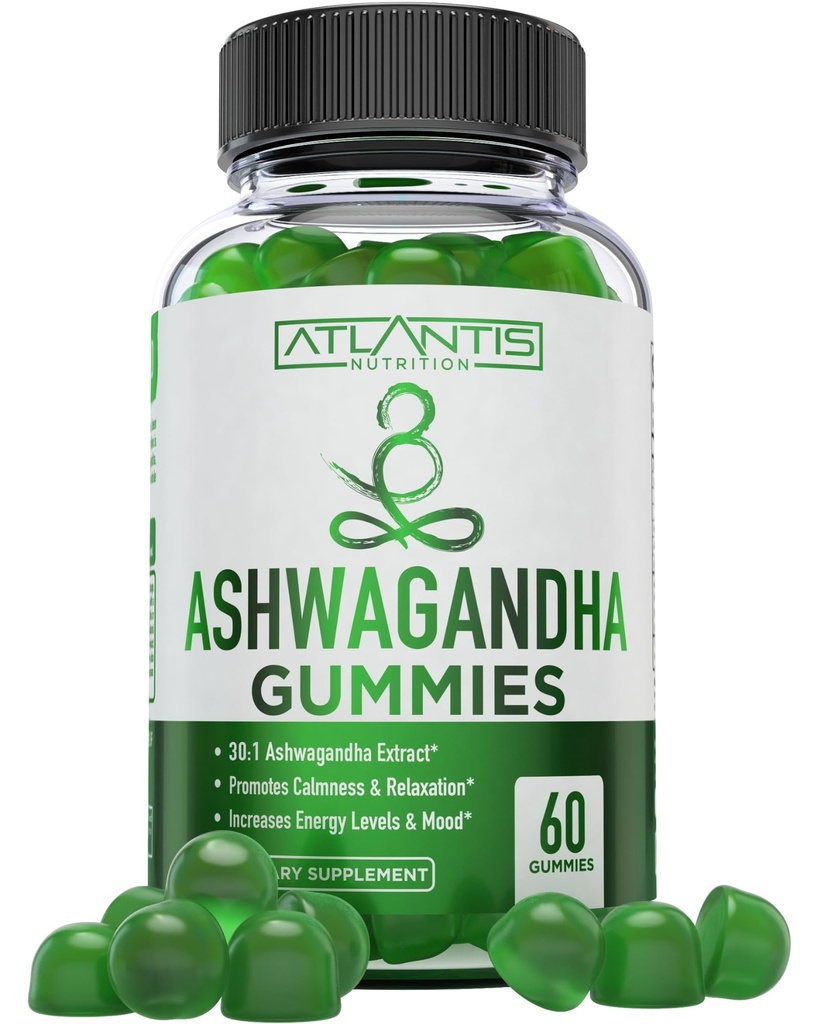 Atlantis Nutrition Ashwagandha Gummies - 1500 MG per Serving - edistää rauhallisuutta, parantaa mielialaa, parantaa energiatasoja ja vahvistaa immuunijärjestelmää - muotoiltu D-vitamiinin ja sinkki - Vegan 60 Count