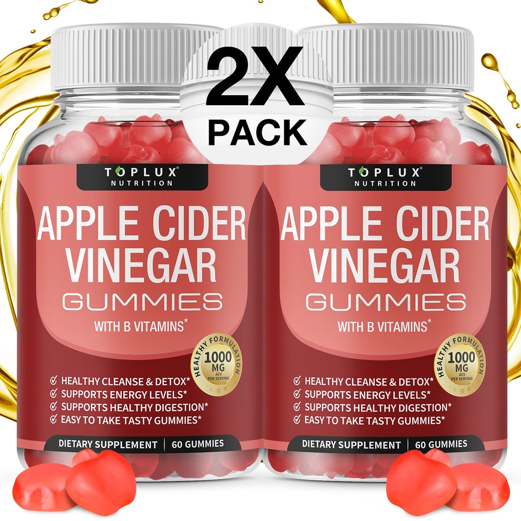 Toplux Apple Siideri Viinietikka Gummies - 1000 mg ACV B12, Beet Root, Pomegranaatti immuunijärjestelmä, Detox & Cleanse, Gummy Vaihtoehto Apple Siideri Viinietikka Kapselit, Men Women 2X Pack
