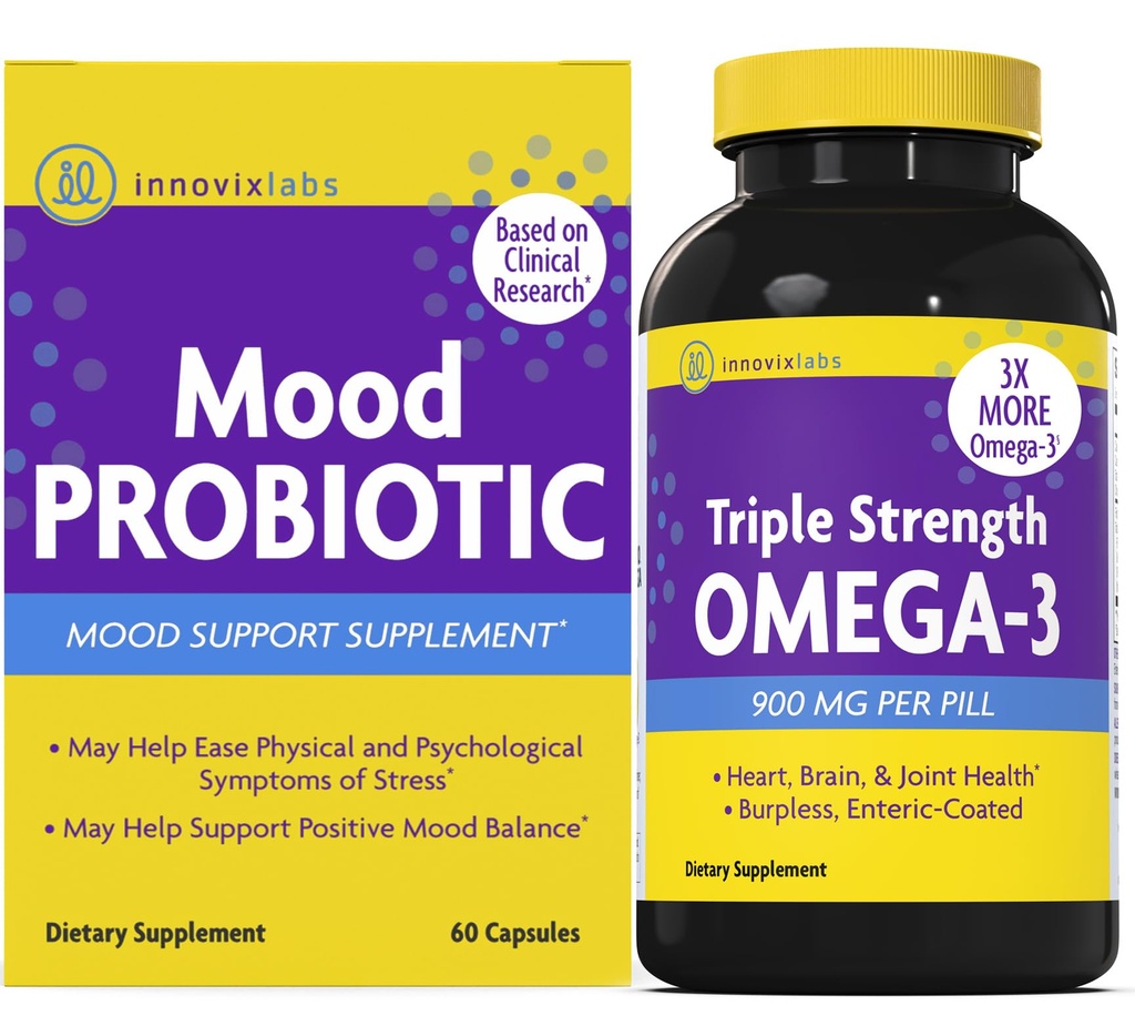 InnovixLabs Mood Probiootti & Triple Omega Bundle Mood Probiootti (60 kapselia) Triple Strength Omega-3 Fish Oil (200 Softgel). Tukee aivoja, niveliä ja immuuniterveyttä