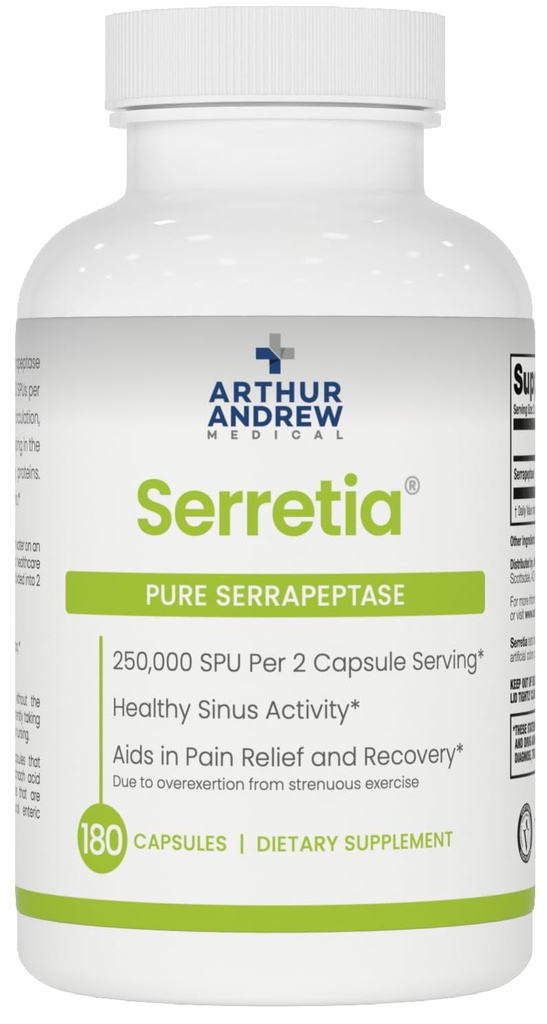 Arthur Andrew Medical, Serretia, Serrapeptase Formel för Muscle och Sinus Support, 180 kapslar