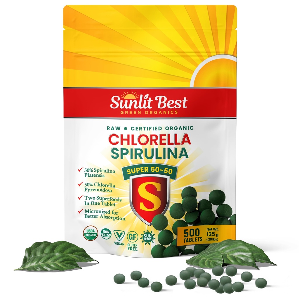 Sunlit Super 50/50 Organic Chlorella Spirulina tabletter - Super Supplement för Immune Support, Gut Health, Mood & Energy - Rich in Chlorophyll, Amino Acids & Vegan Protein, 500 Superfood Tabs