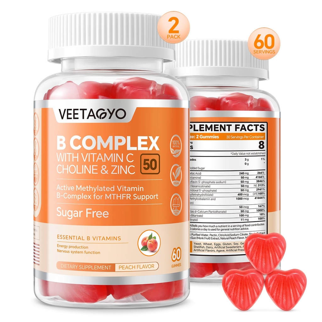 B Complex 50 Gummies , Methylated B Complex C-vitamiinin, Choline & Sinkki - Aktiivinen Methylated B-komplex energian, Methylated Support - Kaikki B-vitamiinit - B1,B2,B3,B5,B6,B7,B9,B12 - Sokeriton,120 Count