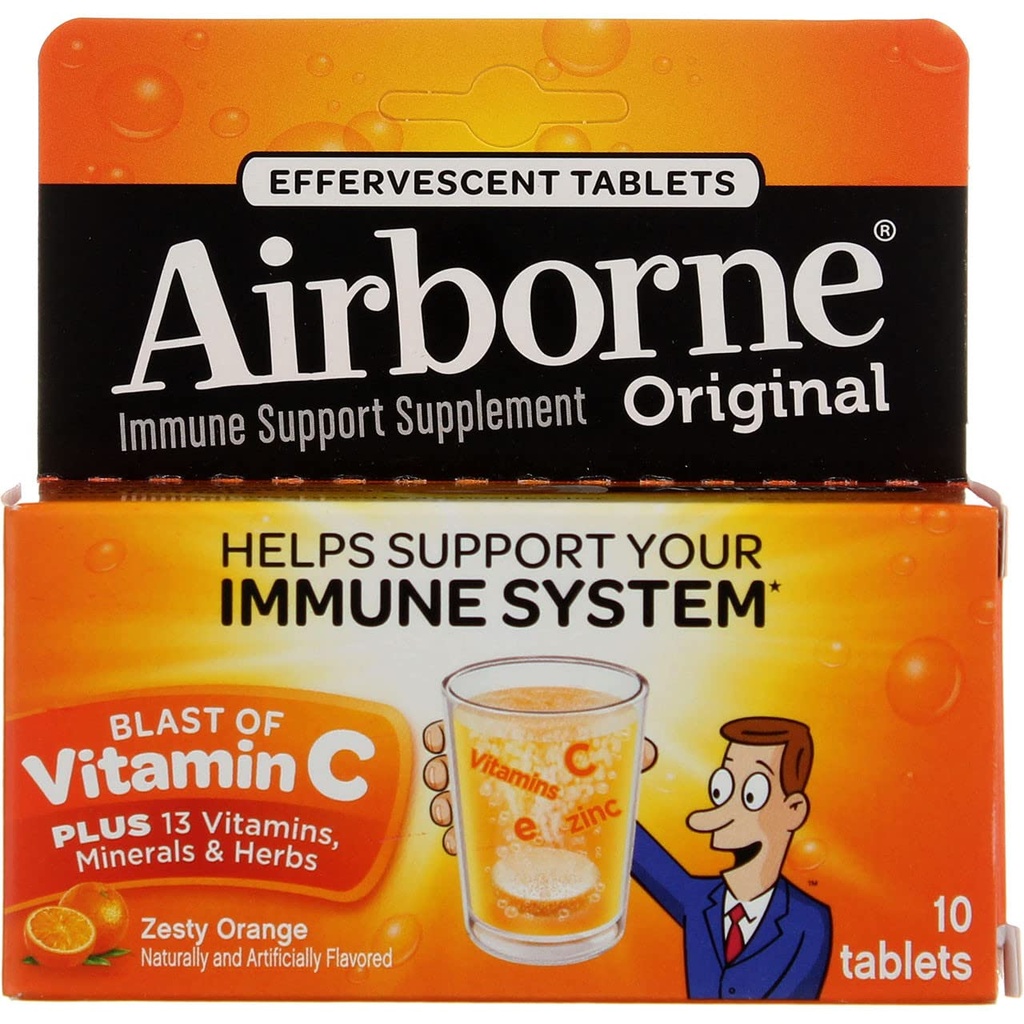 Airborne 1000 mg C-vitamiinia D-vitamiinia ja sinkkiä, sokeriton monivitamiinia immuuni tuki täydentää, antioksidantit vitamiinit C & E-vitamiinia, 10 poreilevat tabletit, Zesty Orange Flavor