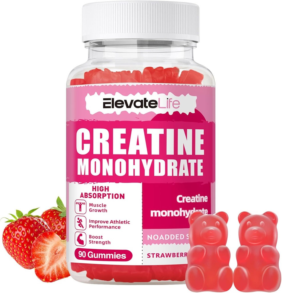 ElevateLife Creatine Monohydrate Gummies 5000mg för Män & Kvinnor, Chewables Creatine Monohydrate för muskelstyrka, muskelbyggare, energiökning, Pre-Workout Supplement (90 greve)-Strawberries
