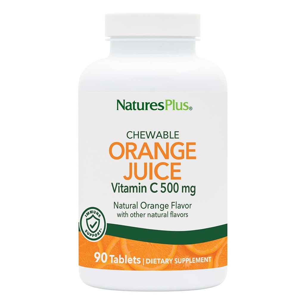 Natures Plus Orange Juice Pureskeltava C-vitamiini - 500 mg, 90 tablettia - High Potency Immuuni- ja verisuonitautien tuki täydentää, antioksidantti - Hellävarainen vatsa - Kasvisruokaa, Gluteeniton - 90 tarjoilua