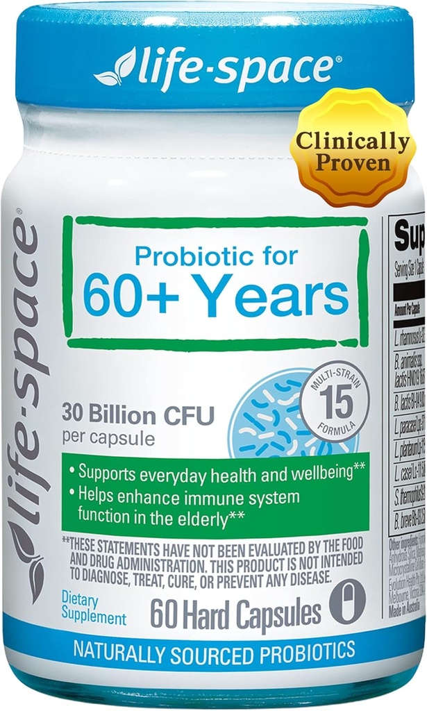 Life-Space Probiootti 60 vuotta, tukee suoliston immuniteetin ja terveyden, ruoansulatuskanavan Vitality, Bifidobacterium lactis, 30 miljardia PMY, Multi kanta - 60 kapselia