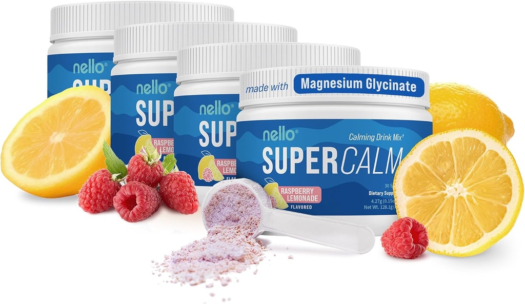 Nello Supercalm Drink Mix - Ashwagandha KSM 66, Magnesium Glycinate, L-Theanine, D3-vitamiini - Ashwagandha juuriuute, magnesium & L-Theanine Supplement - 30 Servings - 4 pakkaus