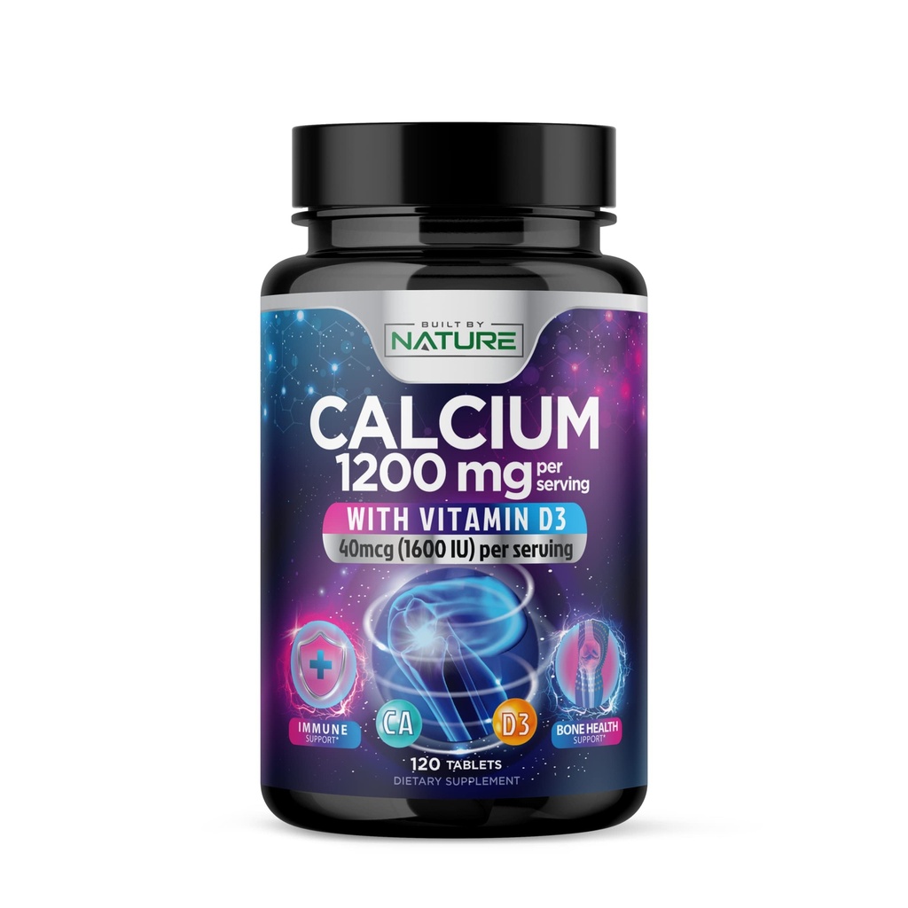 Kalsium 1200 mg ja D3-vitamiini parasta imeytymistä varten - Advanced Bone Support Supplement, 1200 mg kalsiumkarbonaattia & 1600 IU D3-vitamiinia, hitaasti vapautuva immuunitukeen, helppo niellä, 120 tablettia