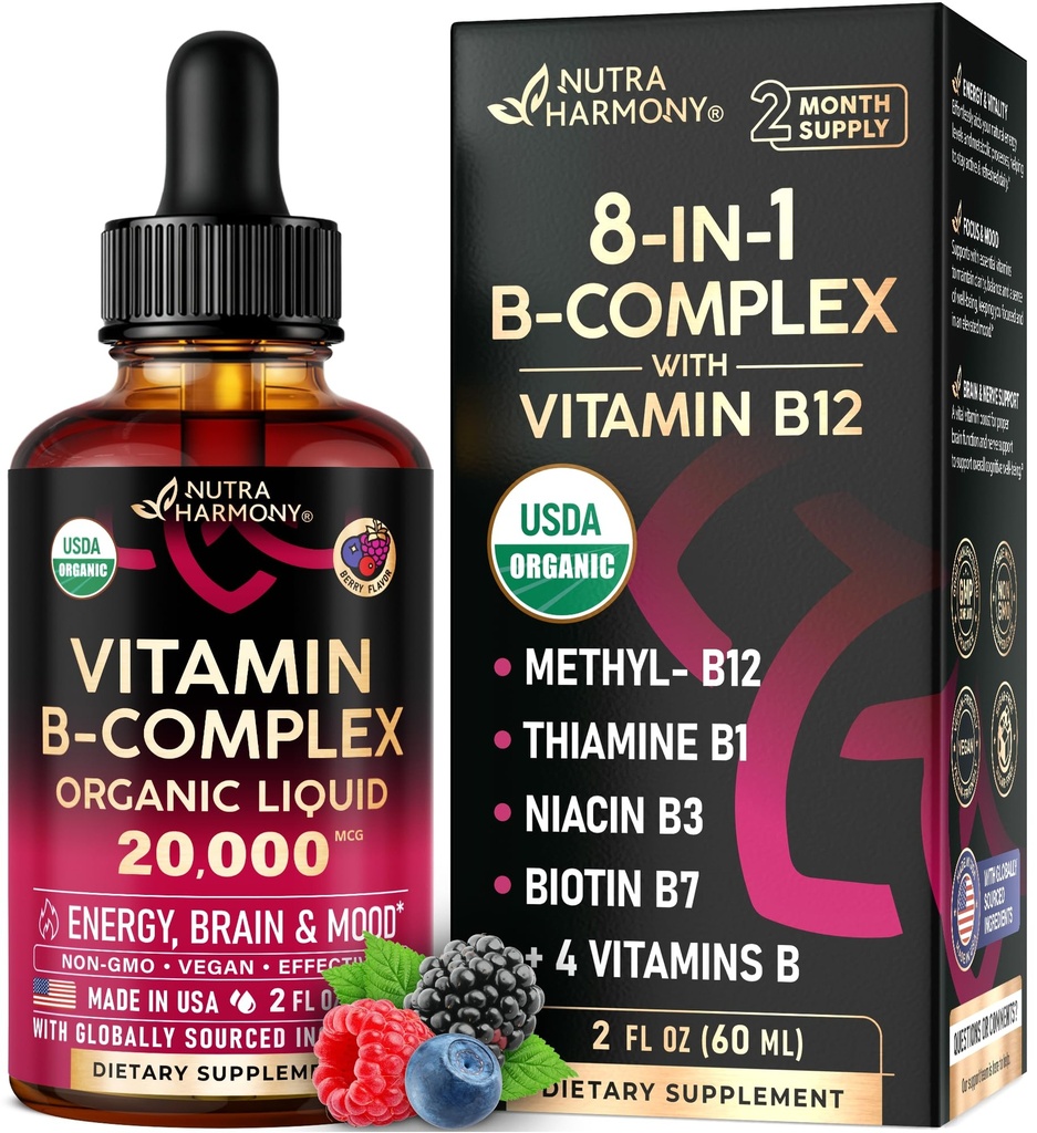 USDA Organic B-Complex B5 Pantotenic Acid B12 Metyylikobalamiini B1 Tiamiini B6 pyridoksiini B7 Biotiini B9 Folic B3 Niacinamidi - B Complex Liquid Drops, Made in USA Supplement, 2 fl oz