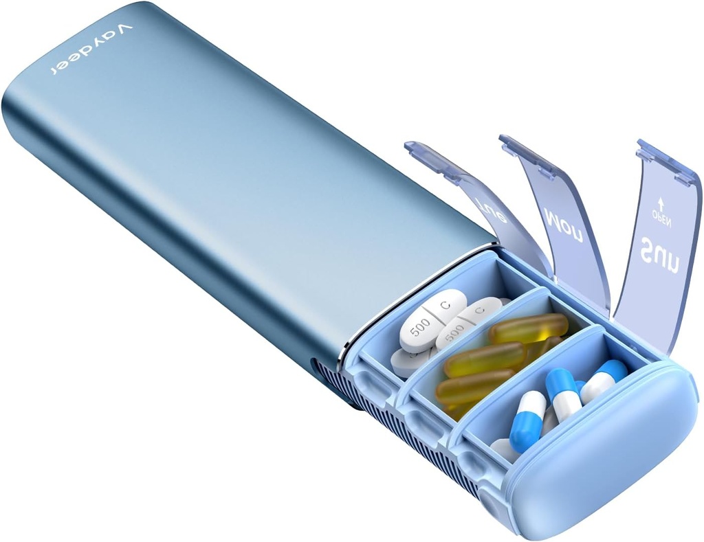 Vaydeer Metal Travel Pill Organizer, 7 päivän viikon pillerilaatikko, suuri kapasiteetti Päivittäinen söpö pilleri tapauksessa täydentää, pillereitä, vitamiineja ja lääkkeitä (pieni, sininen)