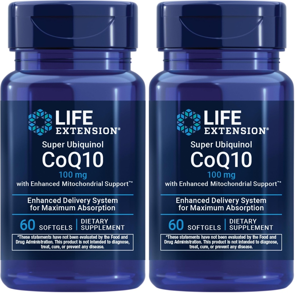 Life Extension Super Ubiquinol CoQ10 med förbättrad Mitochondrial Support, Potent Heart Health & Cellular Energy Production Support,Ultra-absorbable, Gluten-Free,Non-GMO, 100 mg, 60 softgels (Pack of 2)