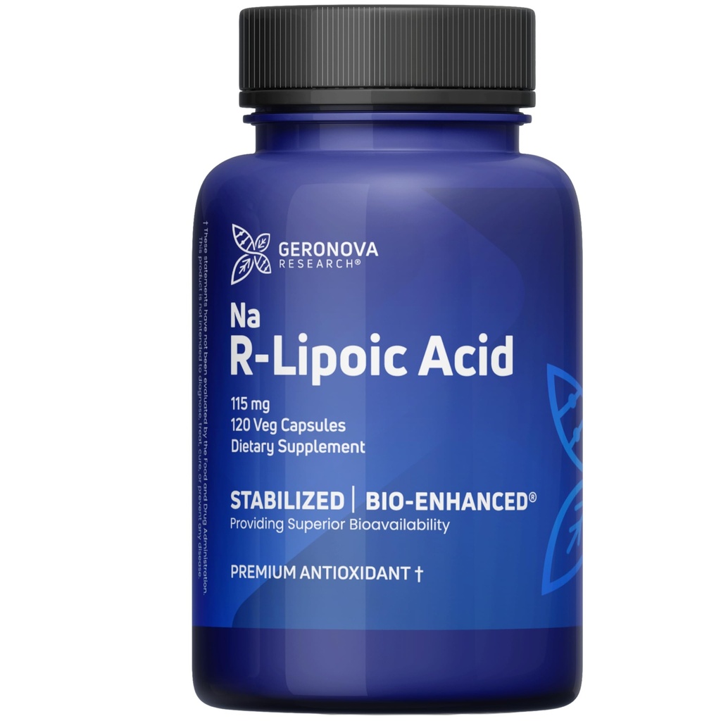 Geronova Research Bio-Enhanced R-Lipoic Acid, 115 mg kapslar - 4 månaders leverans - Stabiliserad R Alpha Lipoic Acid Supplement med förbättrad absorption - 120 greve