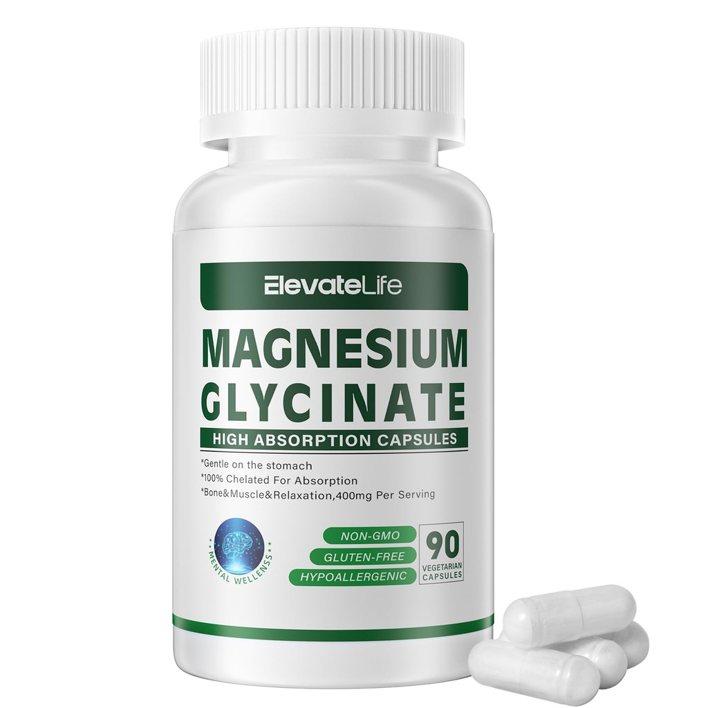 Magnesium Glycinate 400 MG per tarjoilu 100% Chelated for High Absorption, Gentle On Stoach, Ei-GMO, 90 kasvissyöjän kapselit