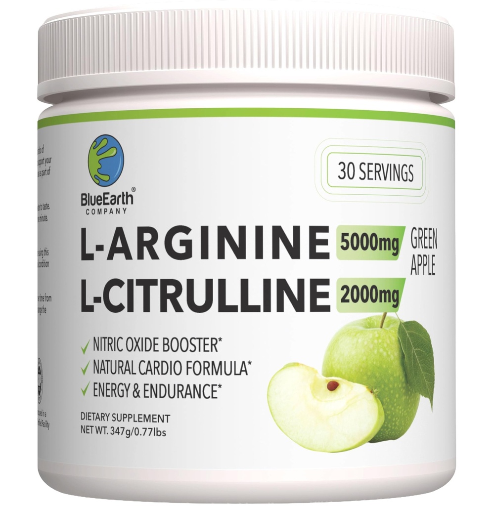 L-arginin 5000mg + L-Citrulline 2000mg Komplexpulver Supplement Drink Mix - Nitric Oxide Booster för hjärthälsa, blodflöde och energi - 30 portioner (Grönt Apple)