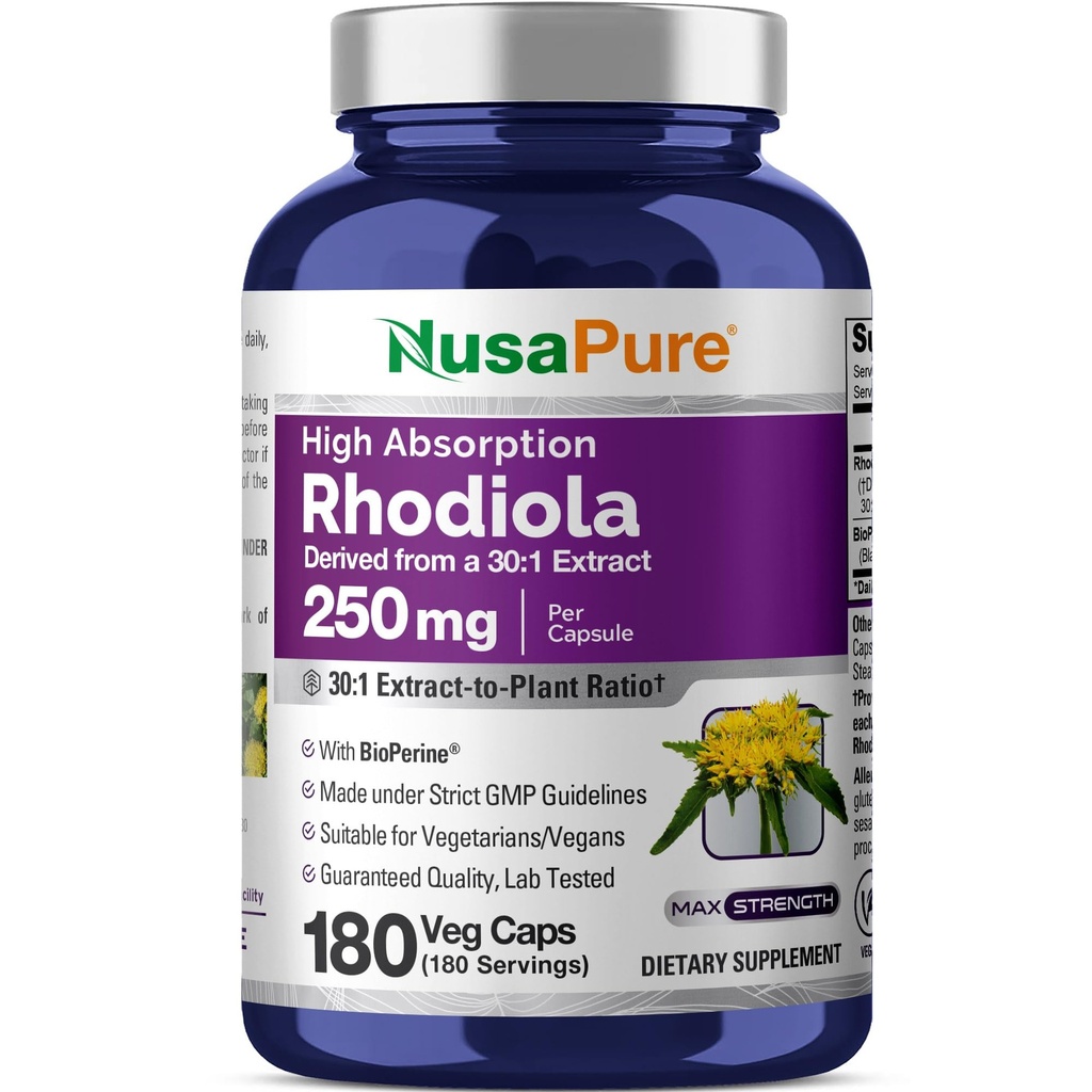 NusaPure Rhodiola Rosea 7500 mg 180 Kasviskapselit (ei-GMO, uute 30:1, Vegan & Gluteeniton) Bioperiini