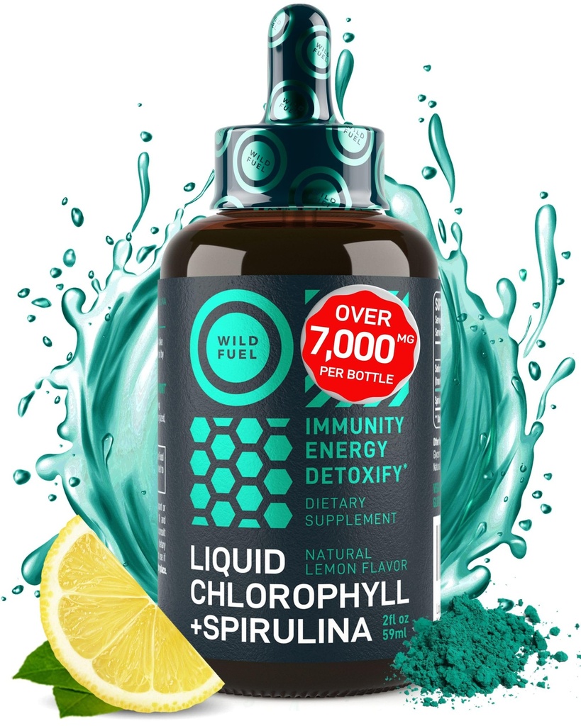 Nestemäinen klorofylli Drops kanssa Spirulina vettä - Full Strength Energy, Wellness, Immuuni tuki täydentää - 50 mg klorofylli Liquid, 12.5mg Spirulina - Sitruuna Flavor Detox Drink - 2oz, 118 Tarjoilut
