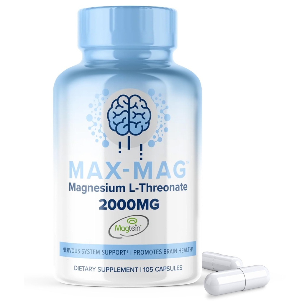 Max-Mag Magnesium L-treonate Supplement - 105 kapselia Valmistettu USA- Magtein 2000mg Complex D3-vitamiini ja K2 unilääke, mieliala ja aivot Magnesium L Threonate kapselit ravitsemus MaxLife Naturals