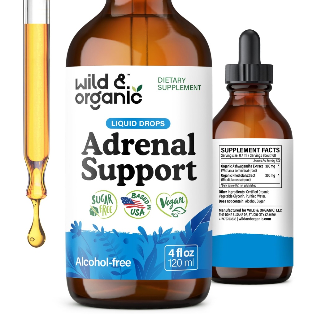 Wild & Organic lisämunuaisten tuki pudotukset positiivinen Näkymät - Natural lisäravinteet naisille ja miehille - Vegan, ei sokeria ja alkoholia - 2-kuukautinen tarjonta - 4 fl oz