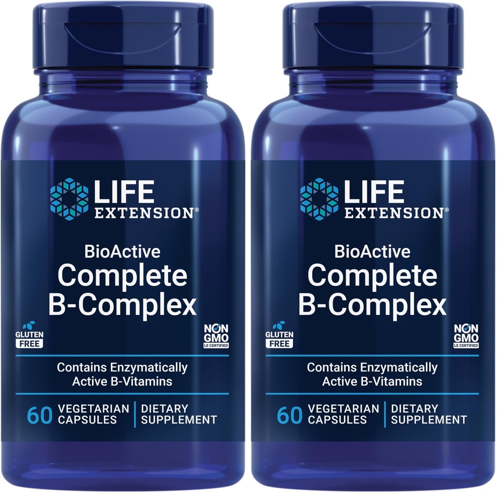 Life Extension Bioactive Complete B-Complex, Heart, Brain och Nerve Support, Healthy Energy, Metabolism, Complete B Complex, 60 Vegetariska kapslar (Pack of 2)